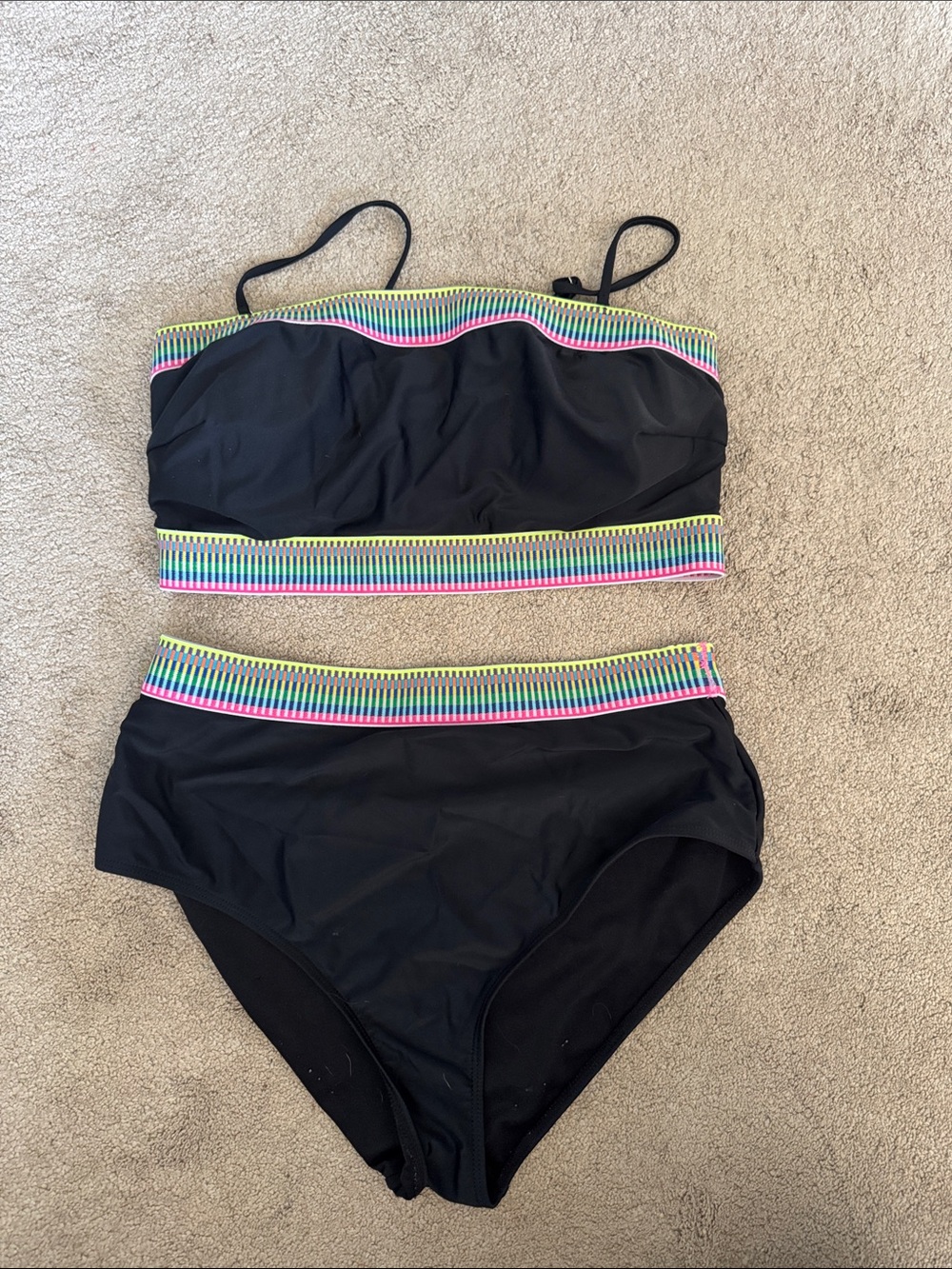 Black Two-Piece Swim Set with Multicolor Trim